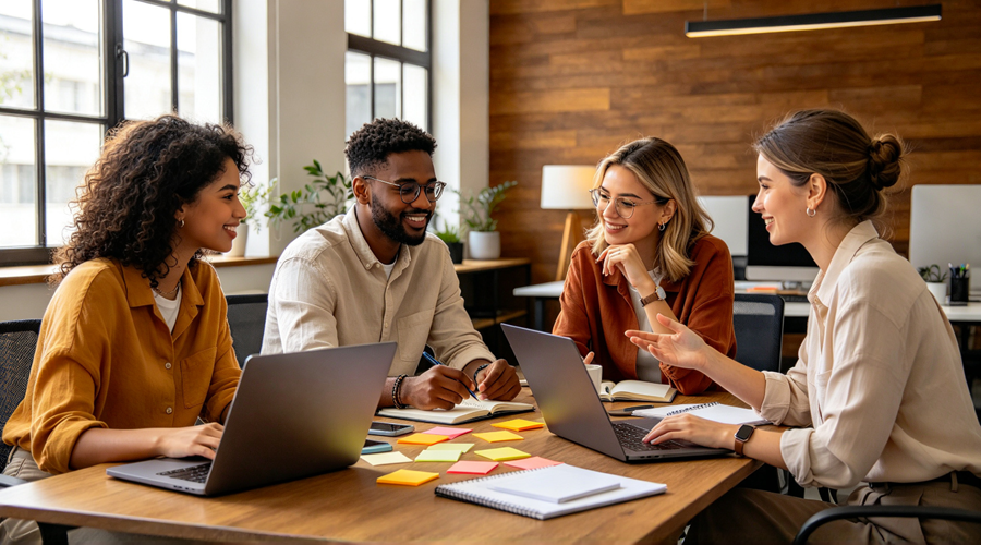 Cómo construir equipos de alto rendimiento: equipo diverso colaborando en oficina moderna