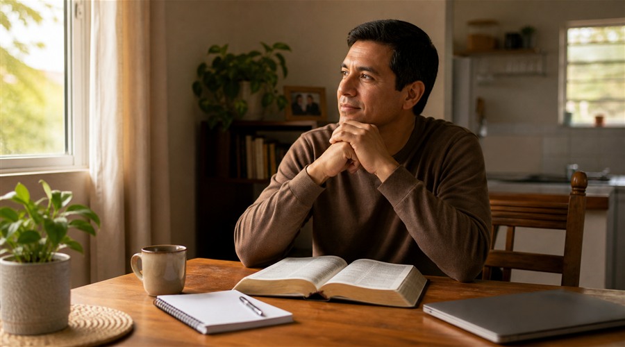 Persona reflexionando con la Biblia para vivir la fe cristiana cada día